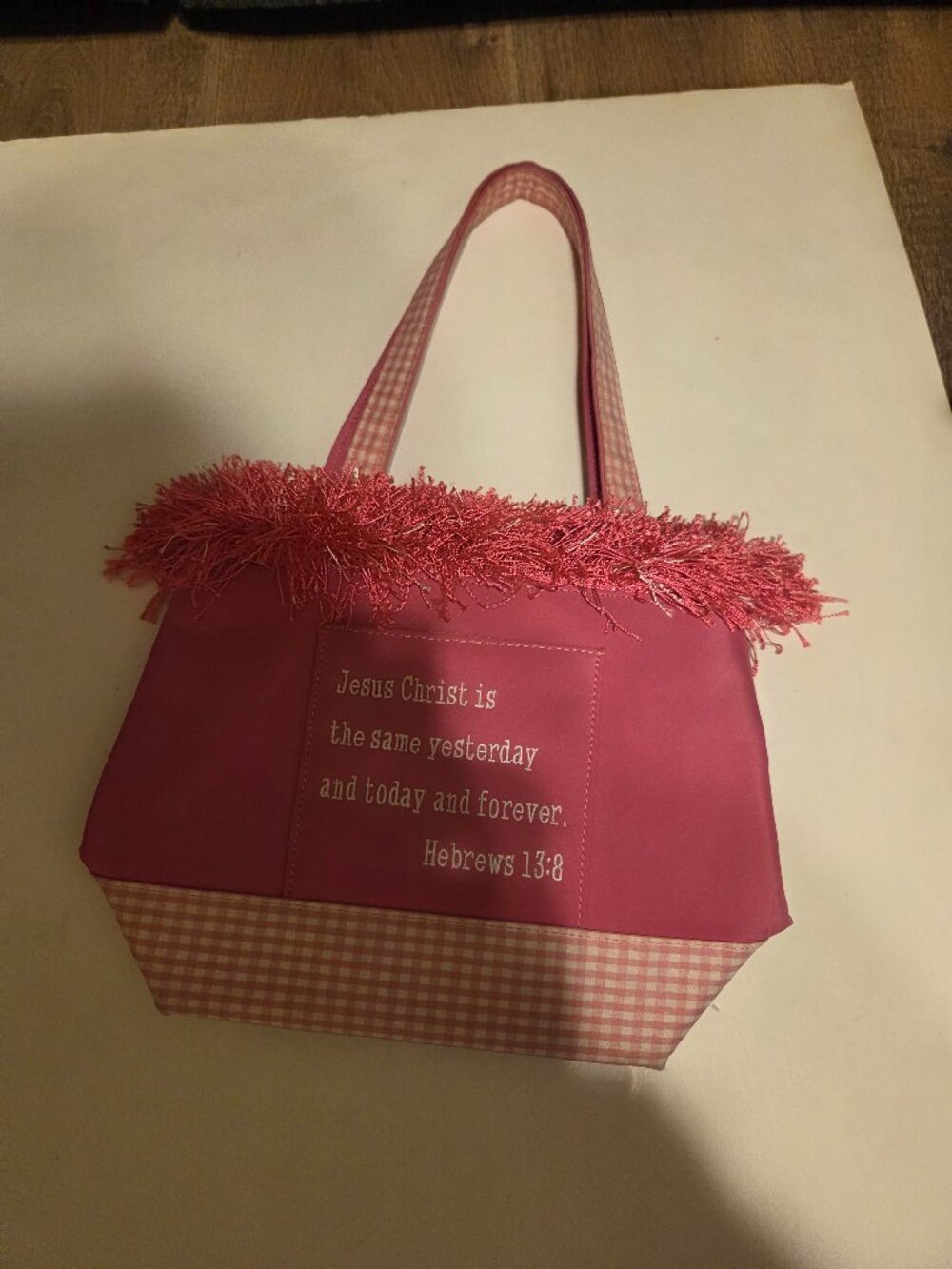 Christian Themed Purse/Tote Bag Featuring Embrodiered Text from Hebrews 13:8